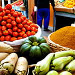 Bustling Spanish Market Scene**

A vibrant and colorful scene inside a Spanish market, overflowing with fresh produce. Focus on close-ups of juicy tomatoes, tender artichokes, colorful peppers, and delicate eggplants. In the spice corner, depict fragrant piles of paprika, cumin, and saffron. A background hints at artisanal cheeses, wine, and crusty bread. Capture the lively atmosphere with blurred figures of shoppers and vendors.

**