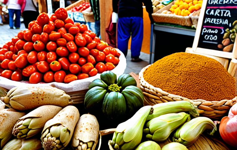 Bustling Spanish Market Scene**
A vibrant and colorful scene inside a Spanish market, overflowing with fresh produce. Focus on close-ups of juicy tomatoes, tender artichokes, colorful peppers, and delicate eggplants. In the spice corner, depict fragrant piles of paprika, cumin, and saffron. A background hints at artisanal cheeses, wine, and crusty bread. Capture the lively atmosphere with blurred figures of shoppers and vendors.
**
