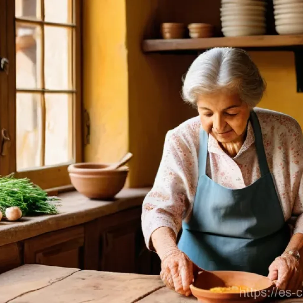 고유의 맛을 살린 지역 특산물 요리 - A heartwarming scene inside a rustic Spanish kitchen, where an elderly 'abuela' (grandmother), with ...