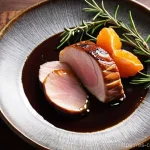 제주도 감귤 활용한 요리 아이디어 - **Prompt:** A close-up, high-angle shot of a succulent roasted duck breast, meticulously sliced to r...