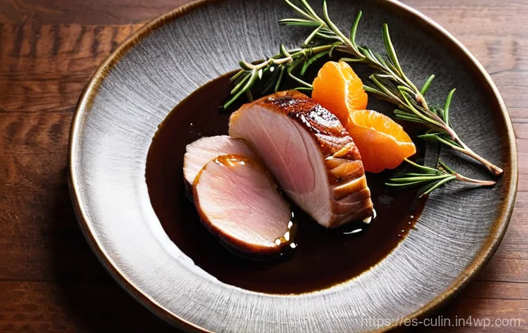 제주도 감귤 활용한 요리 아이디어 - **Prompt:** A close-up, high-angle shot of a succulent roasted duck breast, meticulously sliced to r...
