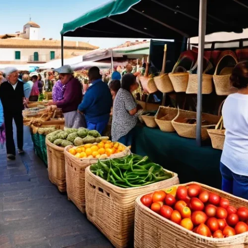 지역 특산물로 만드는 푸짐한 저녁상 - **Vibrant Local Market Scene in Spain:** A wide shot of a bustling outdoor farmers' market in a pict...