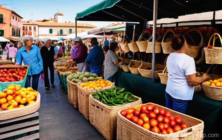 지역 특산물로 만드는 푸짐한 저녁상 - **Vibrant Local Market Scene in Spain:** A wide shot of a bustling outdoor farmers' market in a pict...