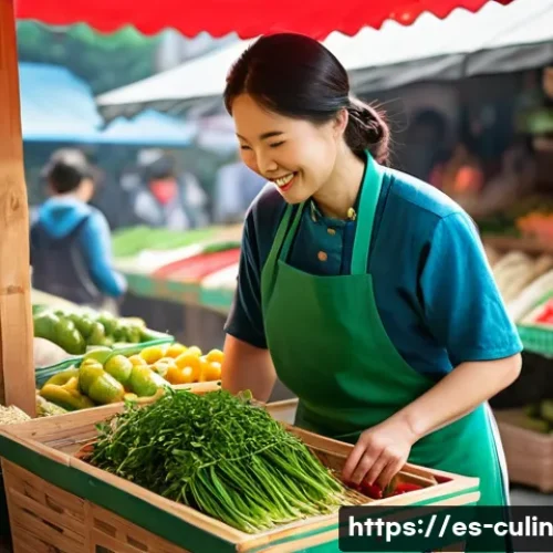 한식에서의 지역 특산물 활용법 - **Prompt:** A bustling traditional Korean market scene on a sunny day. Focus on a vibrant stall fill...