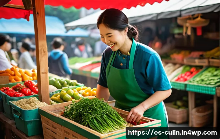 한식에서의 지역 특산물 활용법 - **Prompt:** A bustling traditional Korean market scene on a sunny day. Focus on a vibrant stall fill...