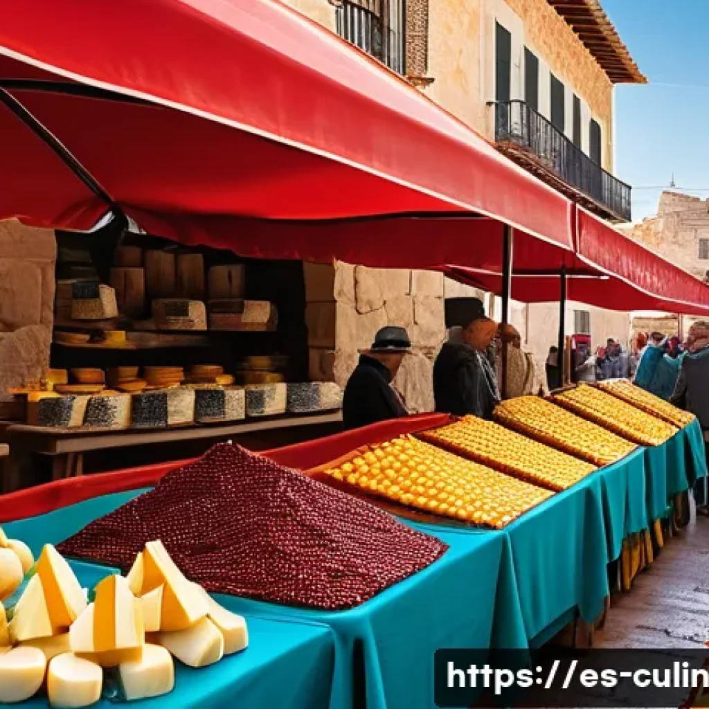 전국 특산물 조합으로 만드는 요리 - A vibrant traditional Spanish market scene in Castilla-La Mancha, showcasing local farmers selling M...