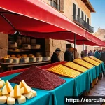 전국 특산물 조합으로 만드는 요리 - A vibrant traditional Spanish market scene in Castilla-La Mancha, showcasing local farmers selling M...