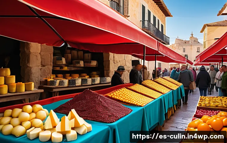 전국 특산물 조합으로 만드는 요리 - A vibrant traditional Spanish market scene in Castilla-La Mancha, showcasing local farmers selling M...