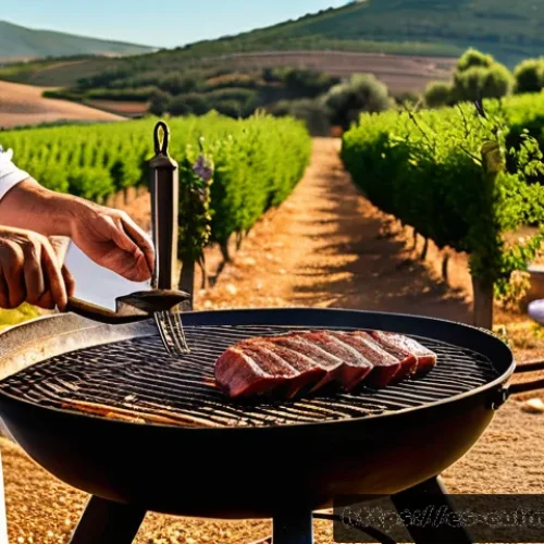 Home 31 특산물 활용한 고기 요리 레시피 - A rustic outdoor Spanish countryside scene featuring a traditional grill with a chef preparing Presa...