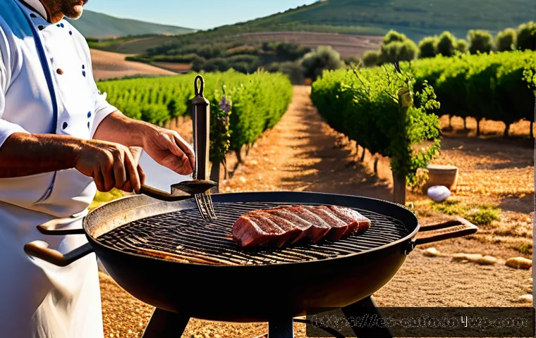 특산물 활용한 고기 요리 레시피 - A rustic outdoor Spanish countryside scene featuring a traditional grill with a chef preparing Presa...