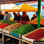 Home 18 농촌 체험과 연결된 지역 특산물 요리 - A vibrant rural Spanish market scene during autumn in La Rioja, featuring a colorful stall with Pimi...