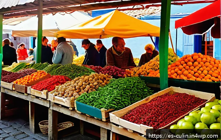 농촌 체험과 연결된 지역 특산물 요리 - A vibrant rural Spanish market scene during autumn in La Rioja, featuring a colorful stall with Pimi...