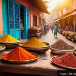 Home 23 특산물로 만든 아시아 요리 - A vibrant Indian street market scene filled with colorful spices and fresh ingredients, prominently ...