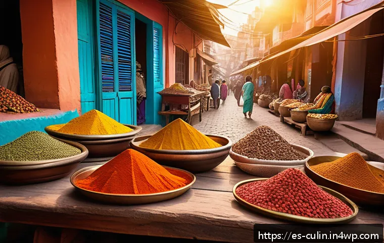 특산물로 만든 아시아 요리 - A vibrant Indian street market scene filled with colorful spices and fresh ingredients, prominently ...