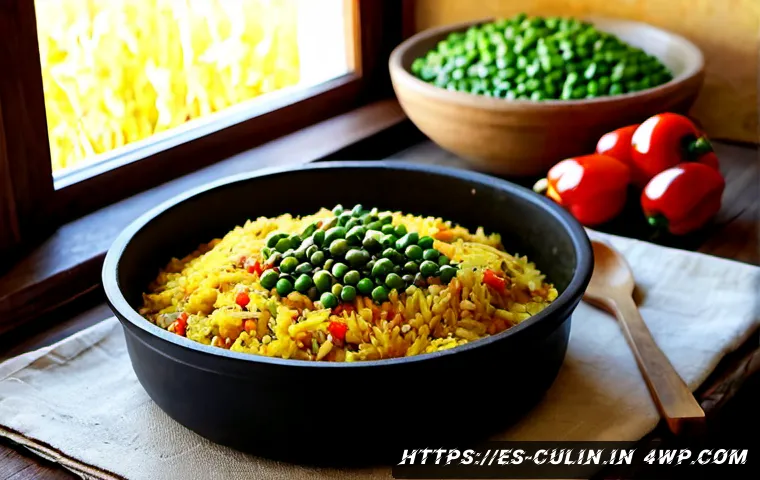 Home 17 지역 특산물로 만든 제철 요리 - Photorealistic rustic Spanish kitchen table featuring a seasonal dish of creamy saffron rice with fr...