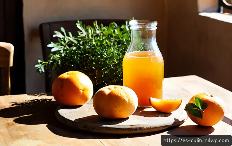 지역 특산물로 만드는 효소 음료 - Photorealistic rustic Spanish kitchen table featuring homemade fermented enzyme drinks made from loc...