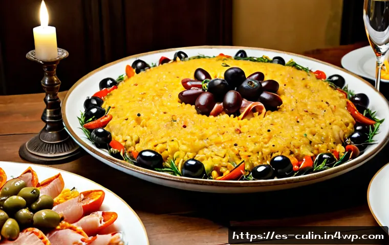 특산물 활용한 연말 파티 요리 - Photorealistic Spanish New Year’s Eve dinner table featuring festive dishes made with regional speci...