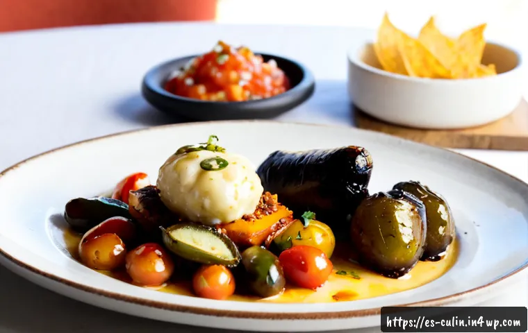 전통 발효식품을 활용한 현대식 요리 - Photorealistic modern Spanish tapas plate featuring roasted vegetables with tangy fermented pickled ...
