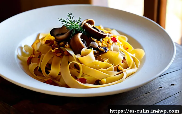 Home 17 국내 특산물로 만드는 이색 파스타 - Photorealistic gourmet pasta dish featuring handmade saffron tagliatelle with Iberian mushroom ragou...